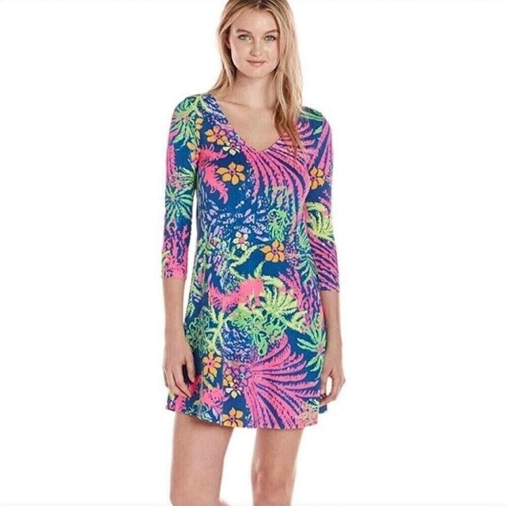 Lilly Pulitzer XXS Erin Dress Indigo All a Glow 3/4‎ Sleeves Floral V-Neck